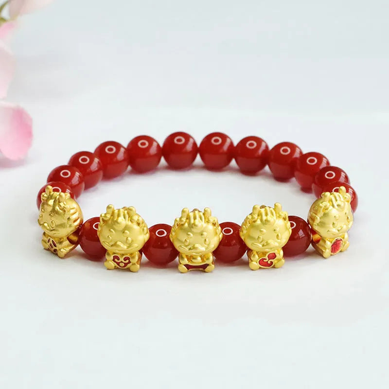 Red agate bracelet with Chinese five blessing dragon design on 8mm beads