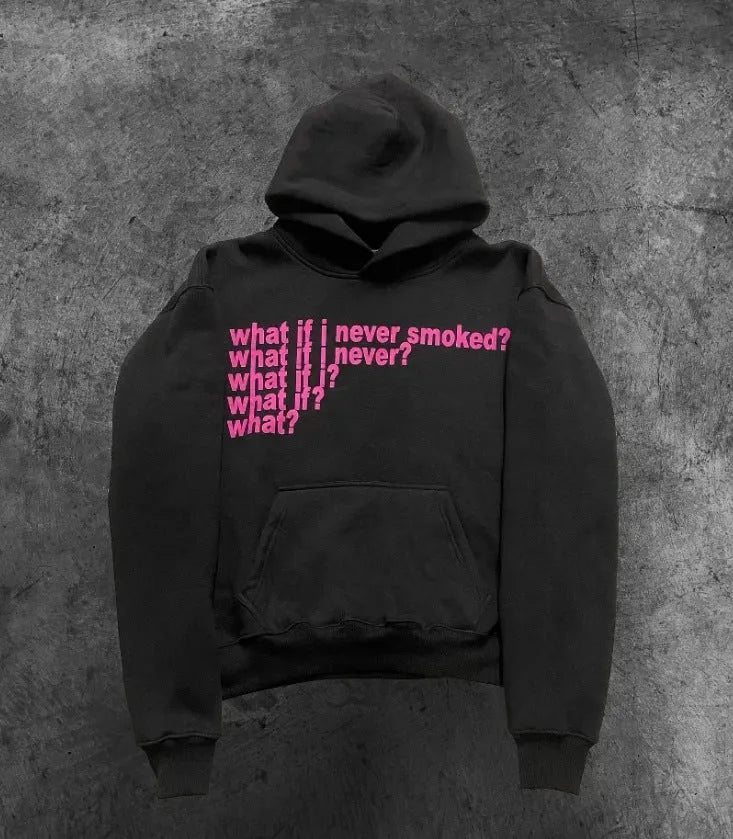 Black hooded sweater with white letter print design on front, showing pullover style with regular sleeves