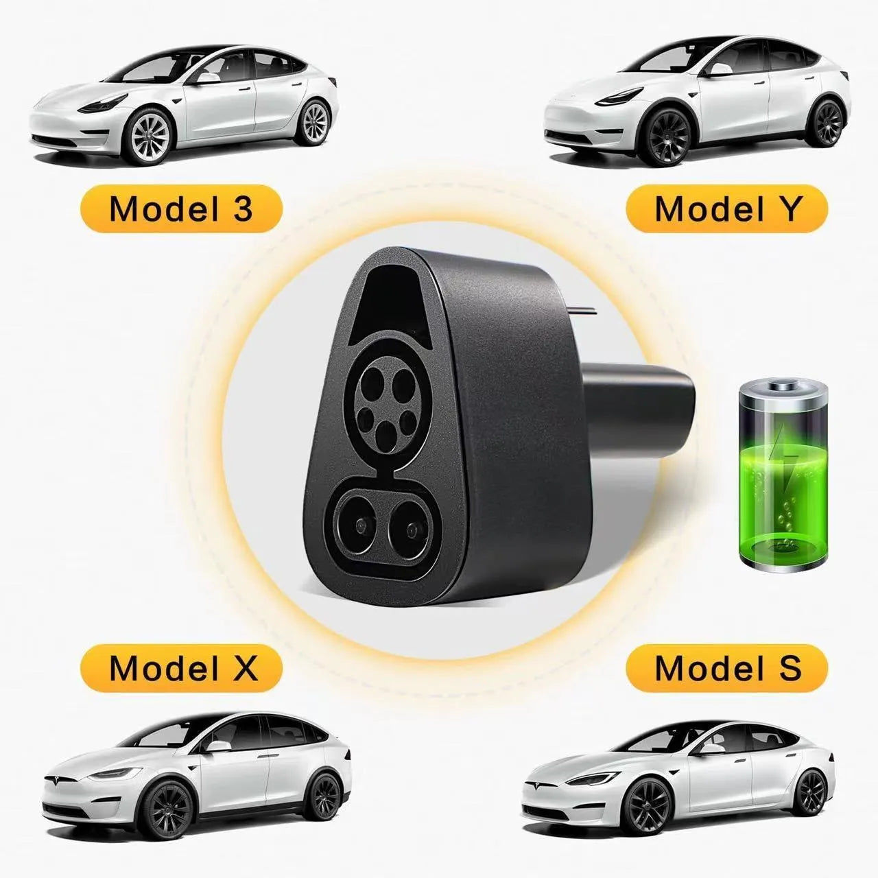 Black Tesla charging plug conversion adapter showing connection pins and dustproof housing