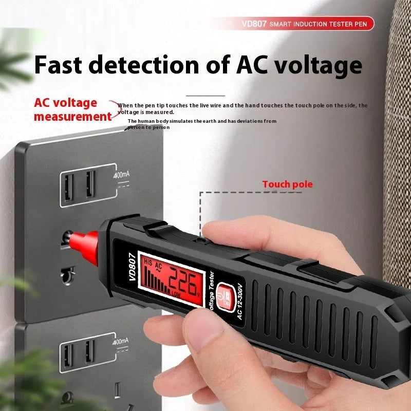 Black digital voltage measuring pen with LCD display showing voltage reading