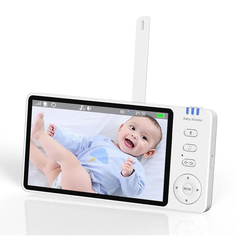 White 5-inch HD wireless baby monitor and camera on a nursery shelf.