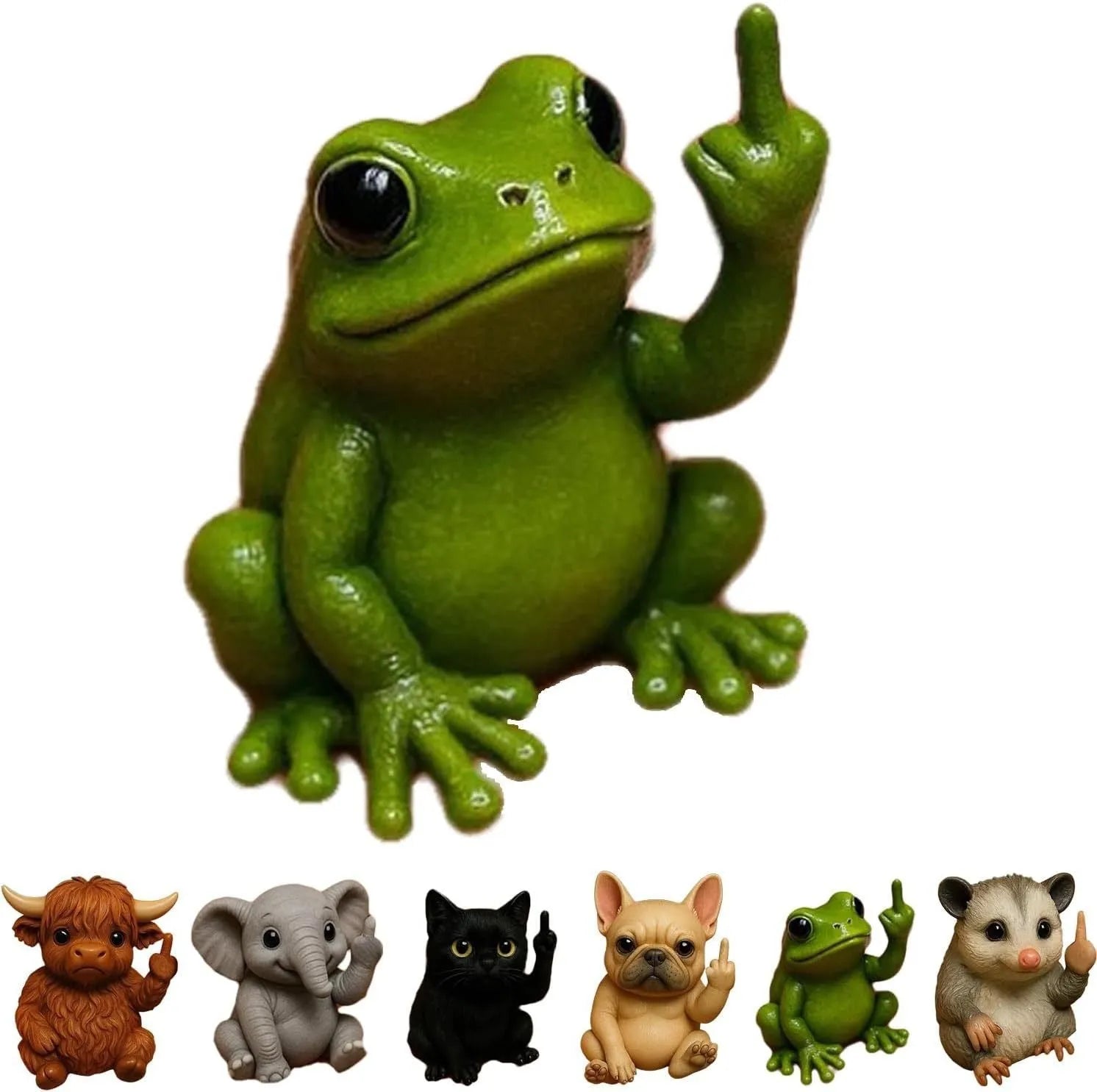 Resin animal vertical middle finger doll ornament in cat, dog, elephant, frog, Highland cattle, mouse, and turtle styles.