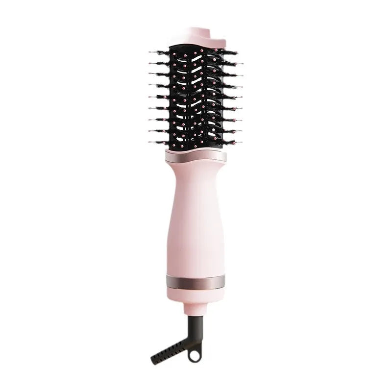 Pink multifunctional hair dryer with integrated comb and curling attachments for drying and styling hair