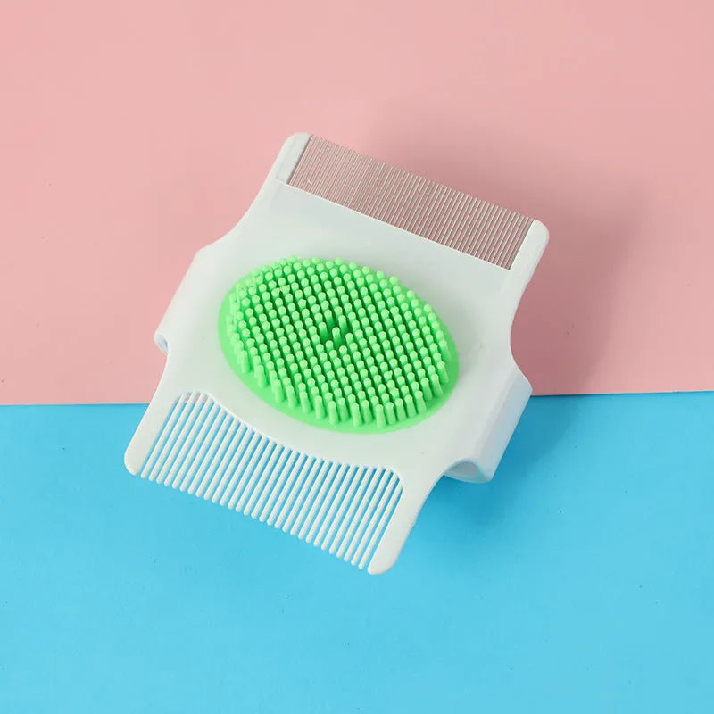 Blue multifunctional dog grooming comb with floating hair removal and massage features