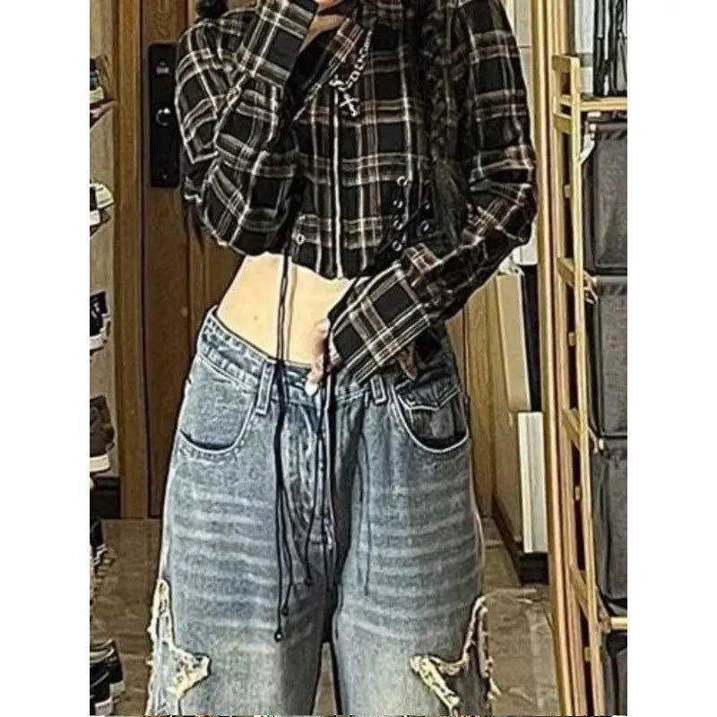 Blue cotton denim wide-leg trousers with high waist and straight fit