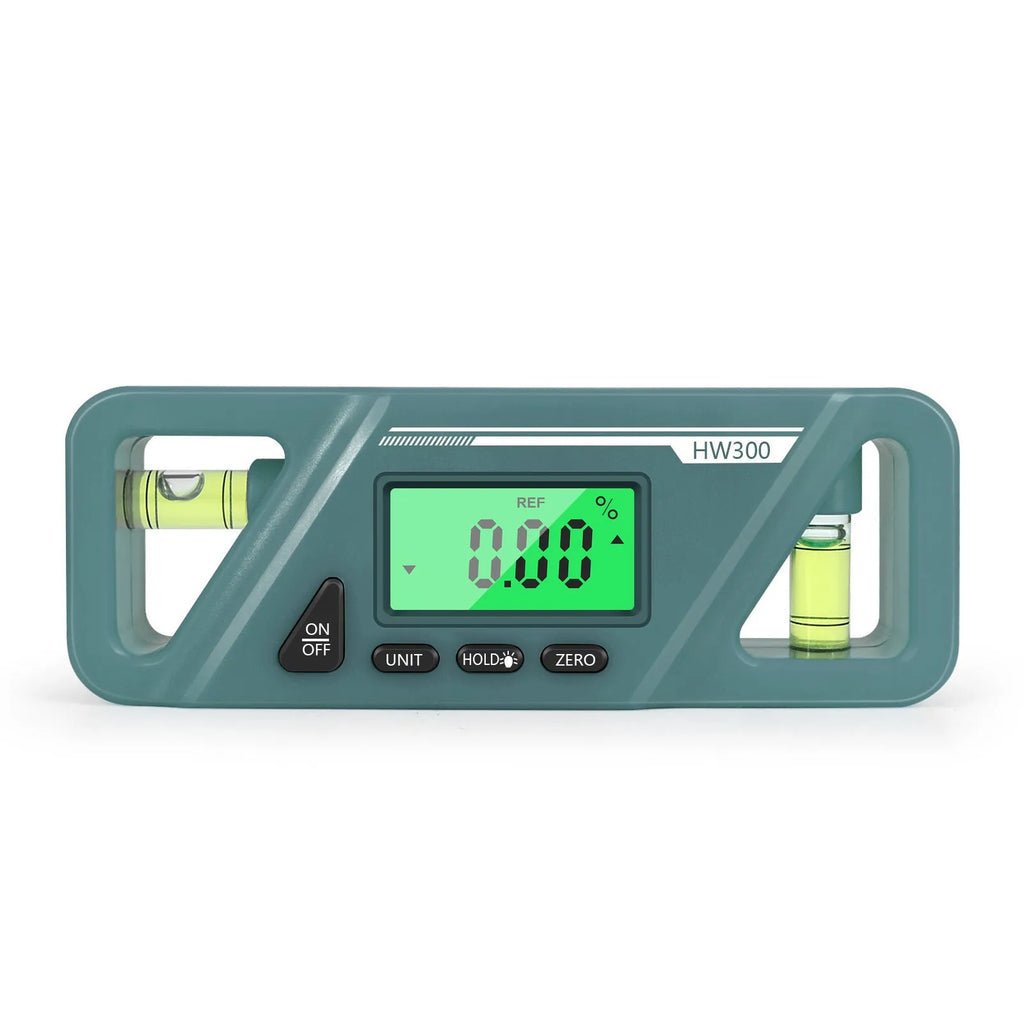 HW300 digital inclinometer level meter with magnetic base and LCD display, showing angle measurement.