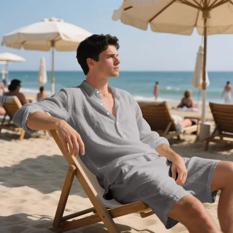 Men's linen long sleeve shirt and matching shorts set for beachwear in various colours.