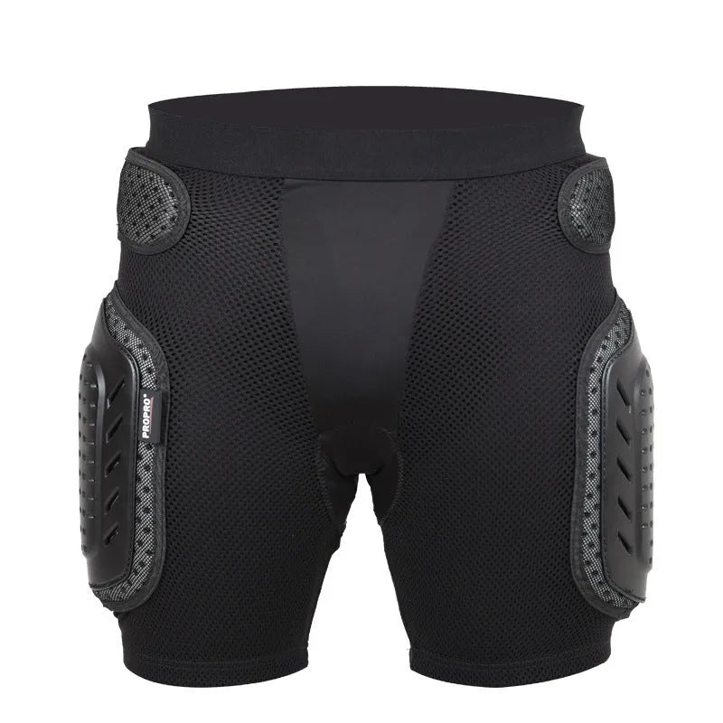 Black cycling hip pad pants with integrated hip protection panels in multiple sizes