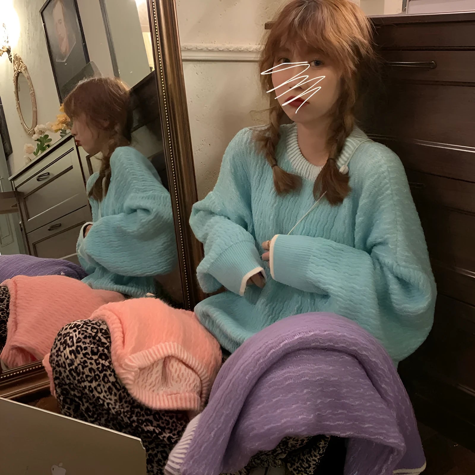 Loose fit women's pullover sweater in solid lake blue colour with regular sleeves
