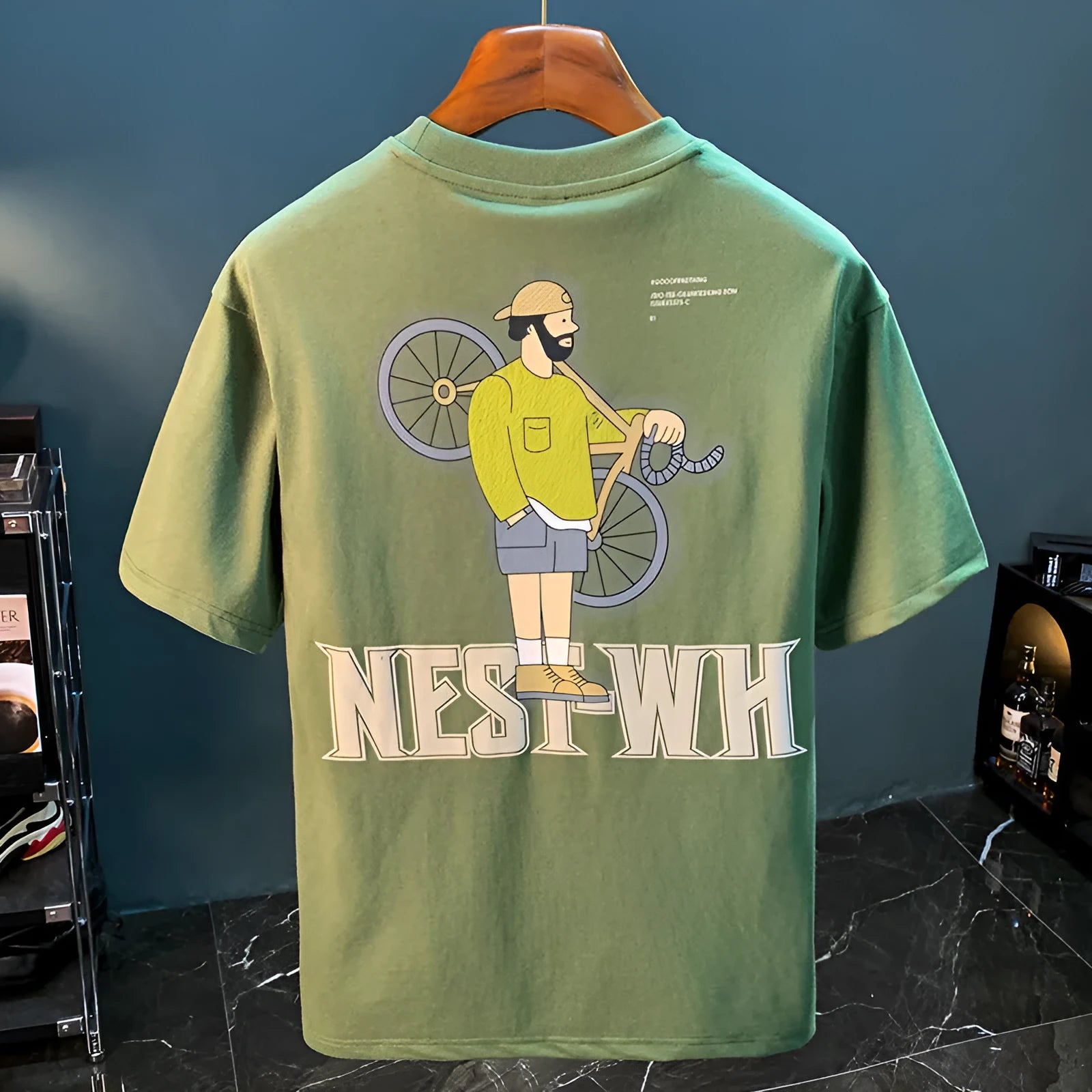 Green men's loose fit T-shirt with trendy literary print, short sleeves