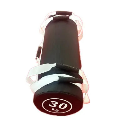 Flat white PVC fitness training sandbag for weight lifting and conditioning exercises.
