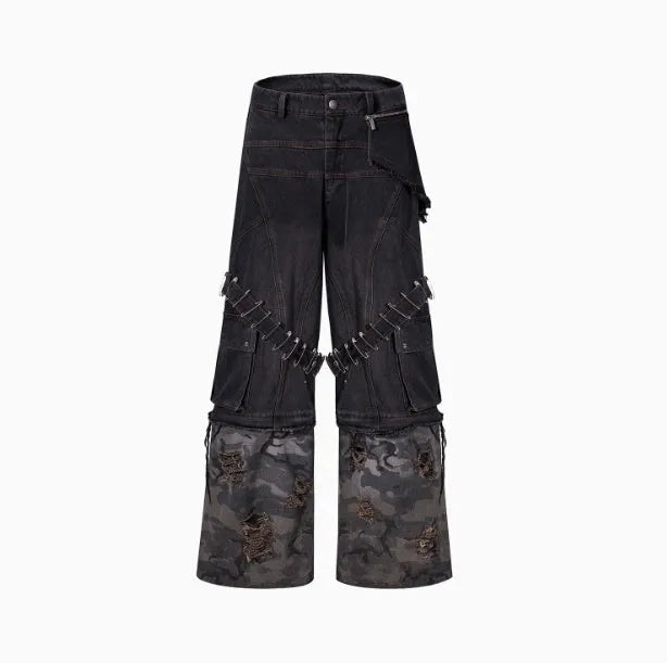 Men's grey camouflage jeans with pin and ribbon splicing detail on the legs.