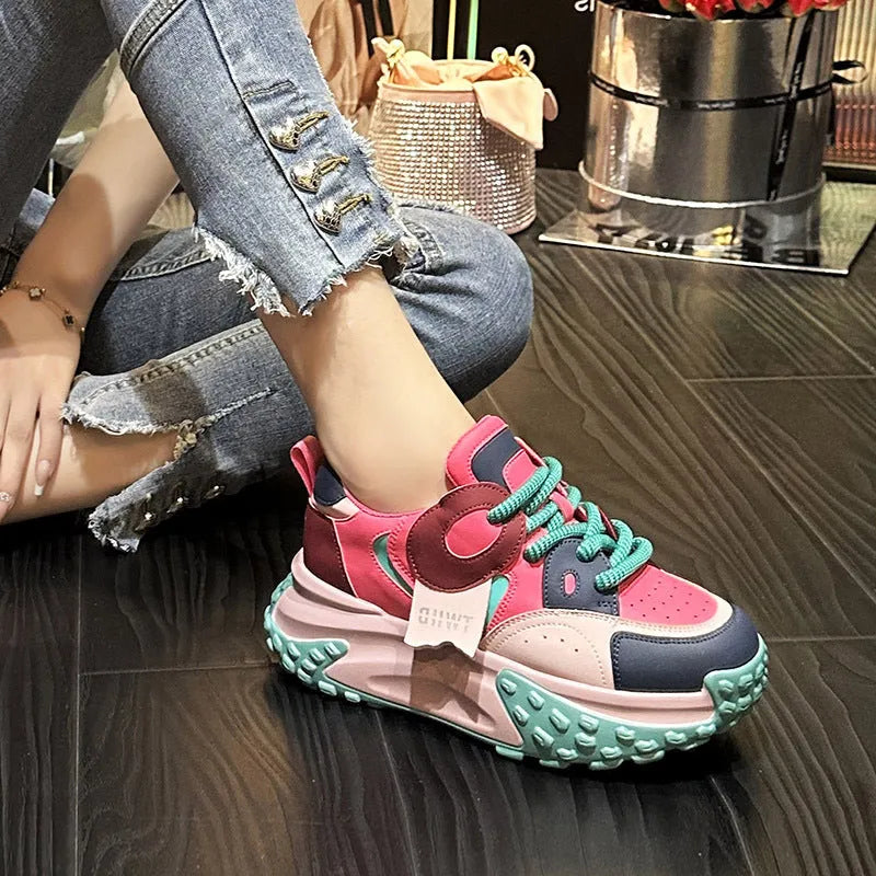 Pair of leather sports casual shoes with thick sole, wedge heel and front lace-up in multiple colour options