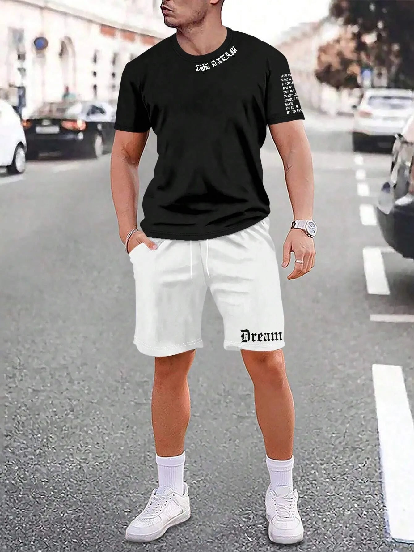 Men's sports style short-sleeved shirt and shorts set in polyester blend fabric
