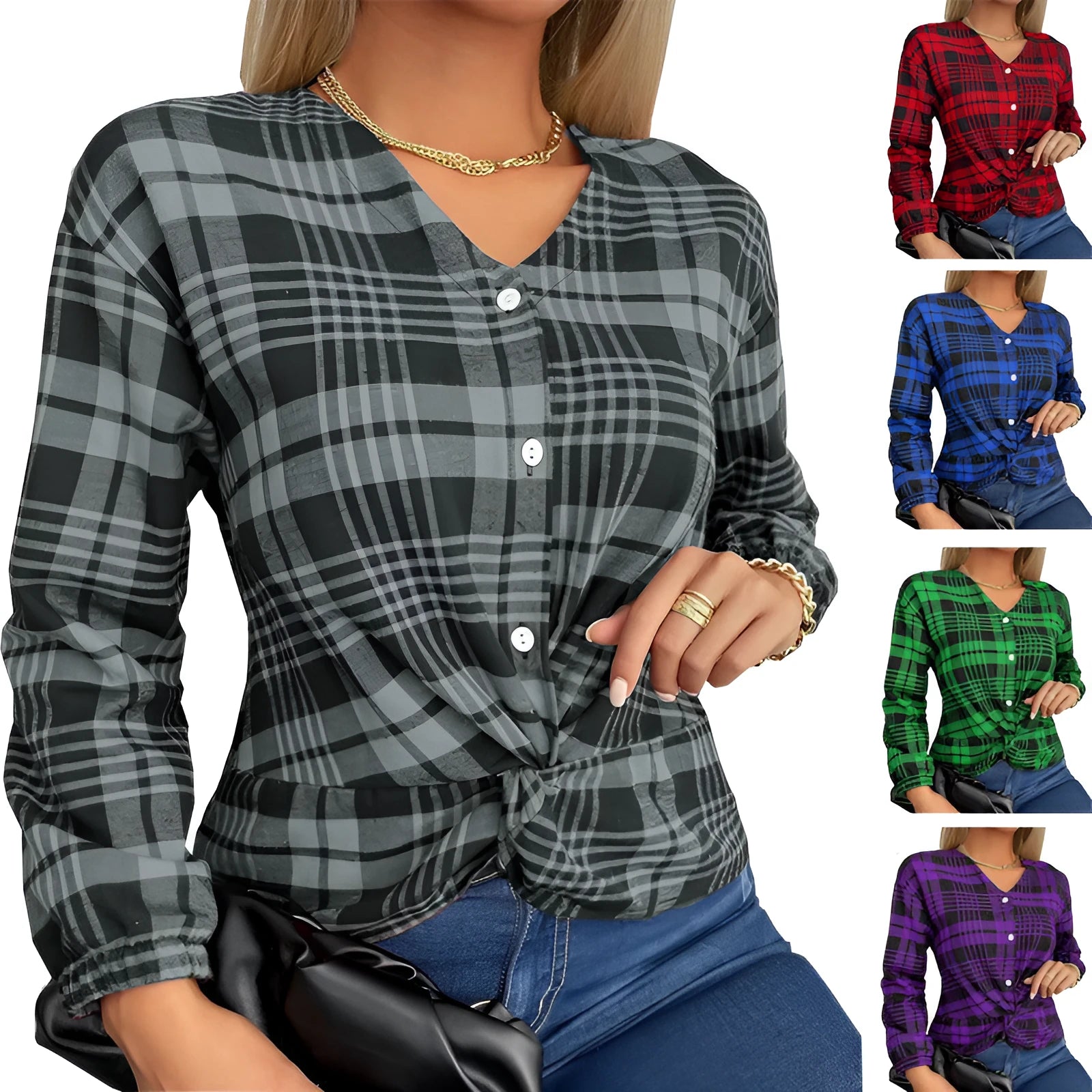 Women's plaid casual loose shirt in purple, grey or red with regular sleeves
