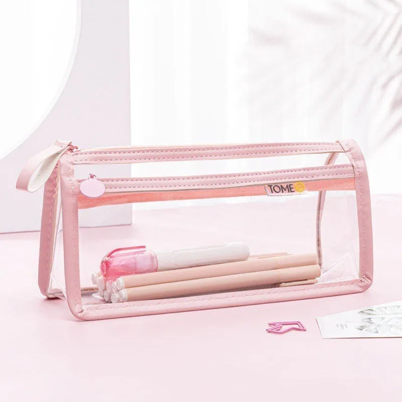 Transparent double-layer pencil case showing two compartments, 220x110x80mm dimensions
