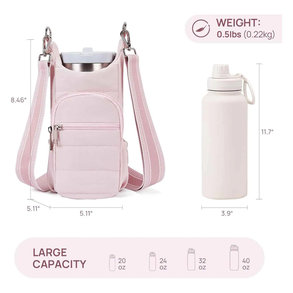 Cloth water bottle bag for bicycle frame mounting in black, pink or beige colours