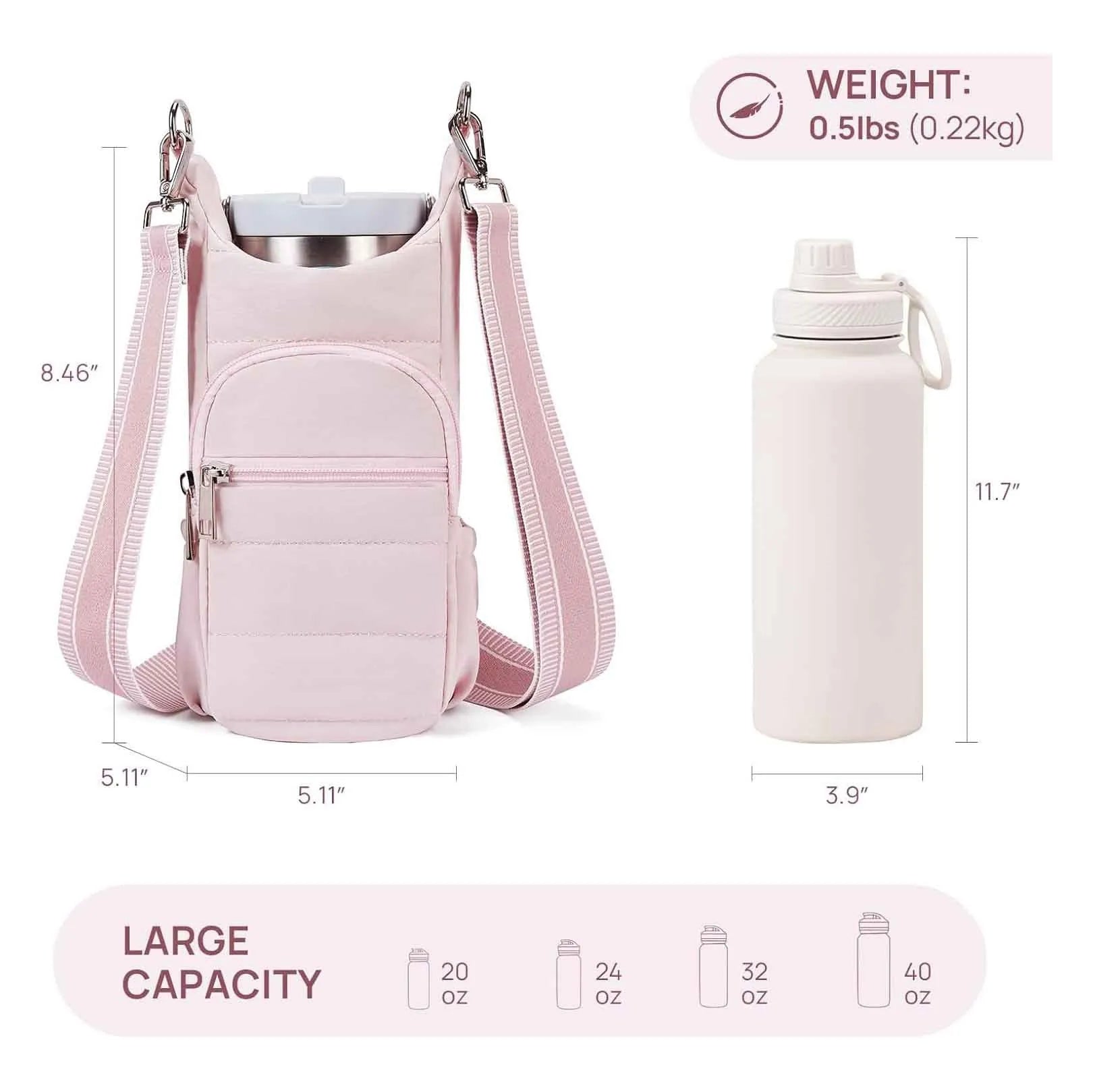 Cloth water bottle bag for bicycle frame mounting in black, pink or beige colours
