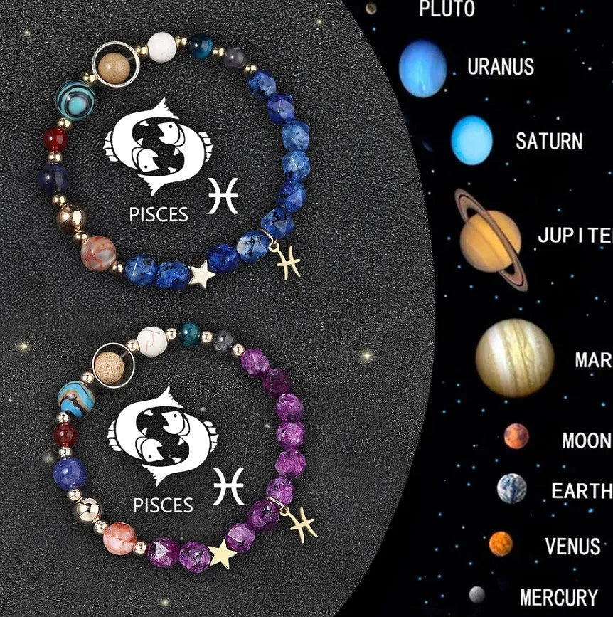 Set of twelve natural stone beaded bracelets featuring different zodiac sign designs
