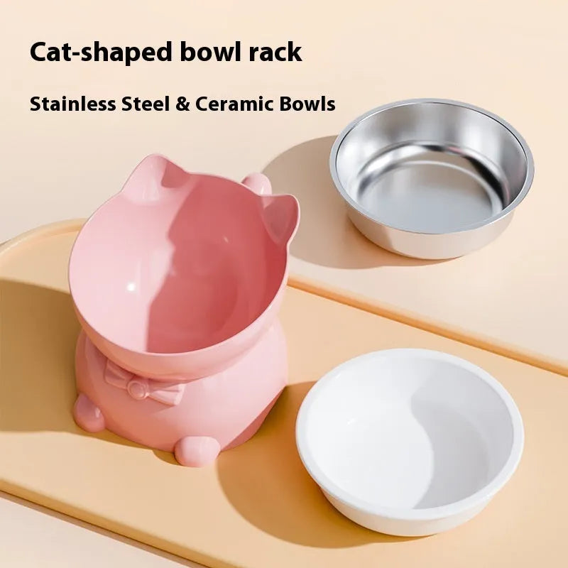 Stainless steel slanted cat bowl in black, blue, pink, or yellow colour with a non-slip base.