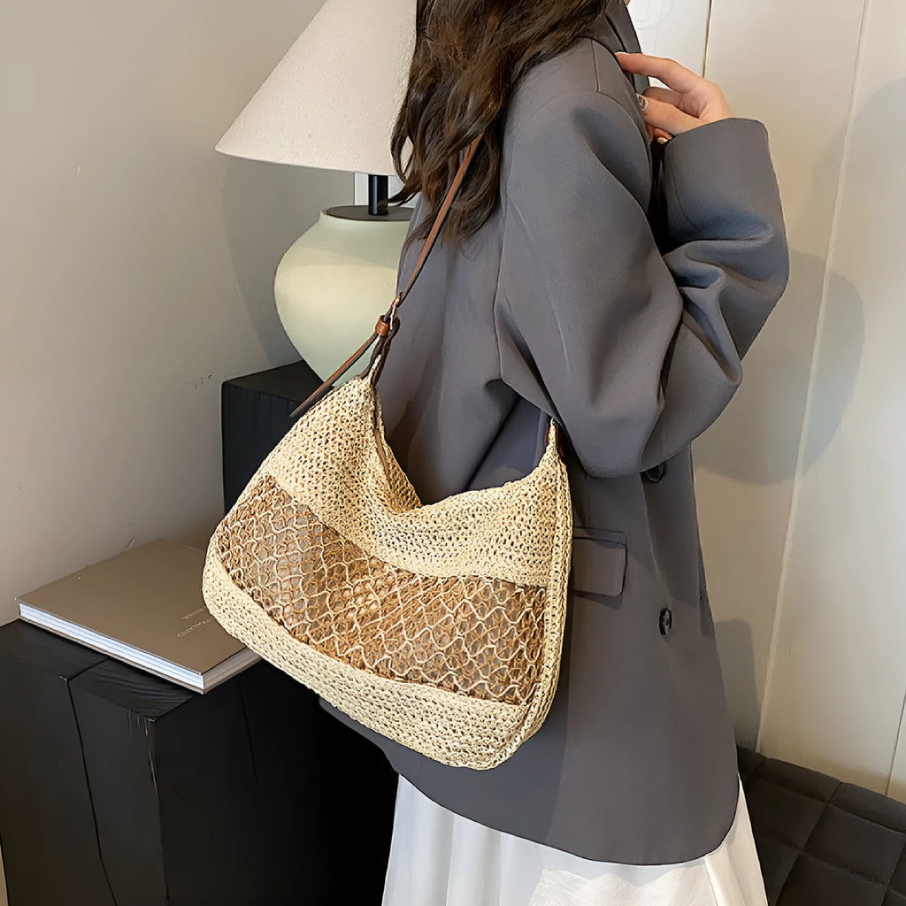 Women's straw cross body bag in khaki colour with horizontal square shape and sandwich pocket design