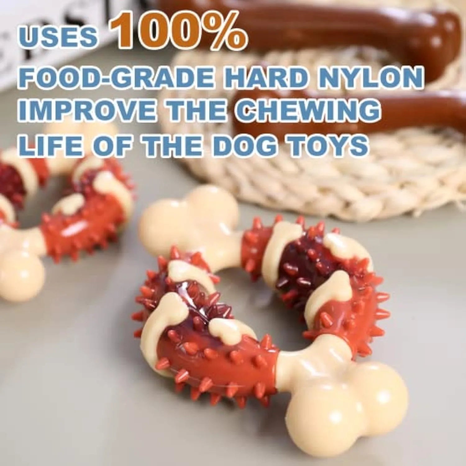 Natural rubber bone-shaped dog molar chew toy in two sizes for teeth grinding and anxiety relief