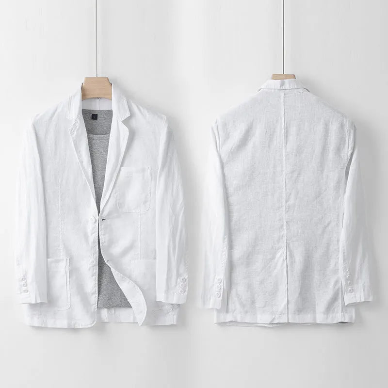 Men's solid colour linen casual blazer jacket shown in a loose fit style.