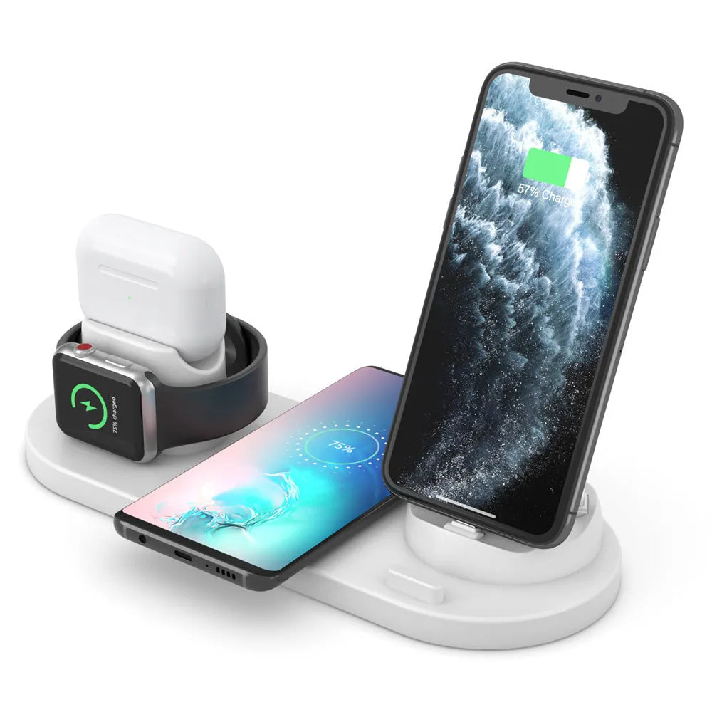 Black and white wireless charging station with phone stand, AirPods charging spot, and iWatch charger