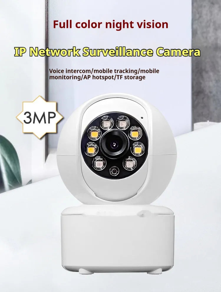Ceiling-mounted indoor security camera with dual lights, shown in a white ABS plastic housing.