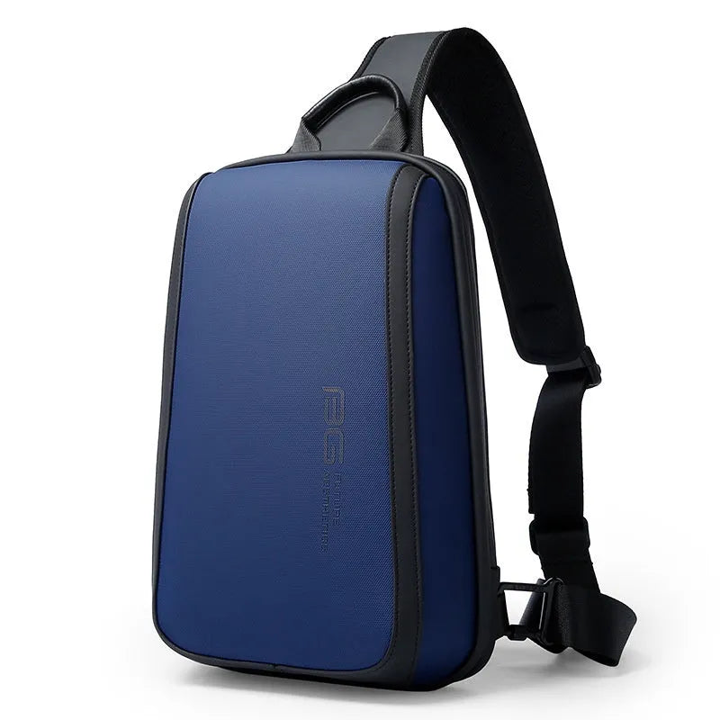 Blue Oxford cloth chest bag with double shoulder straps showing compact dimensions
