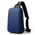Blue Oxford cloth chest bag with double shoulder straps showing compact dimensions