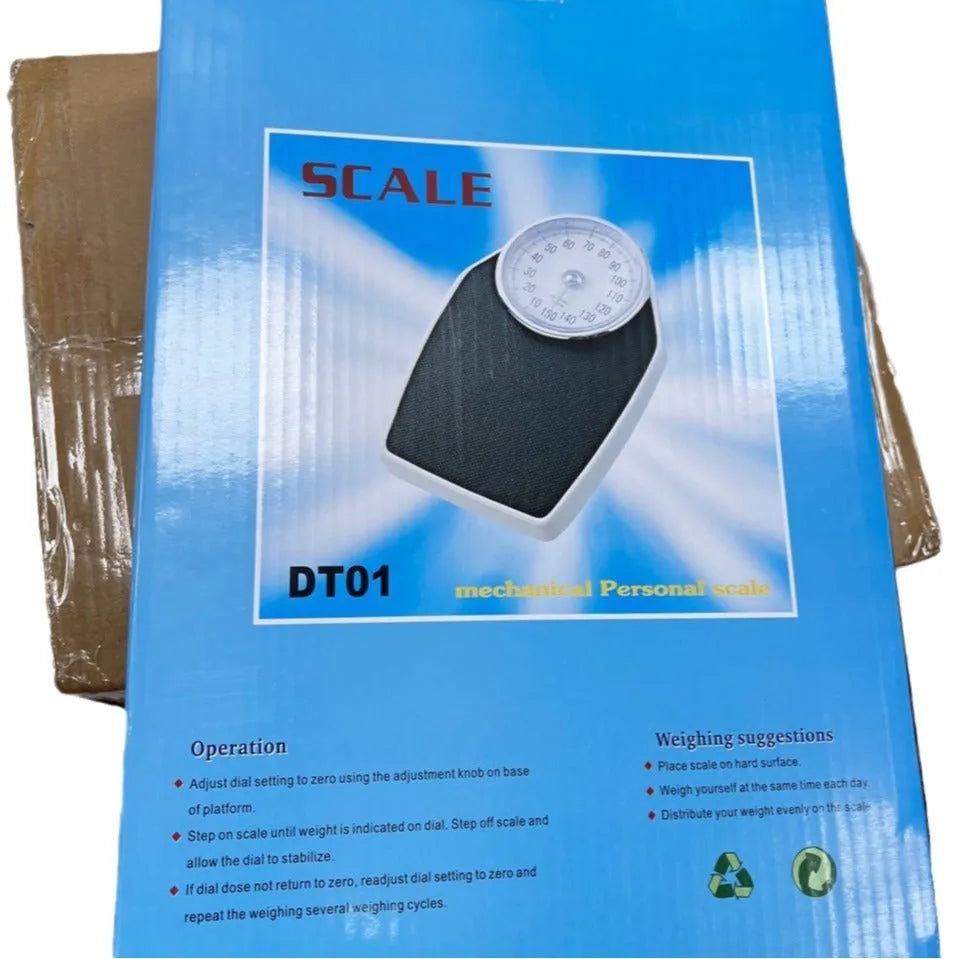 Black mechanical pointer body weight scale with large dial display measuring 47x35x11cm