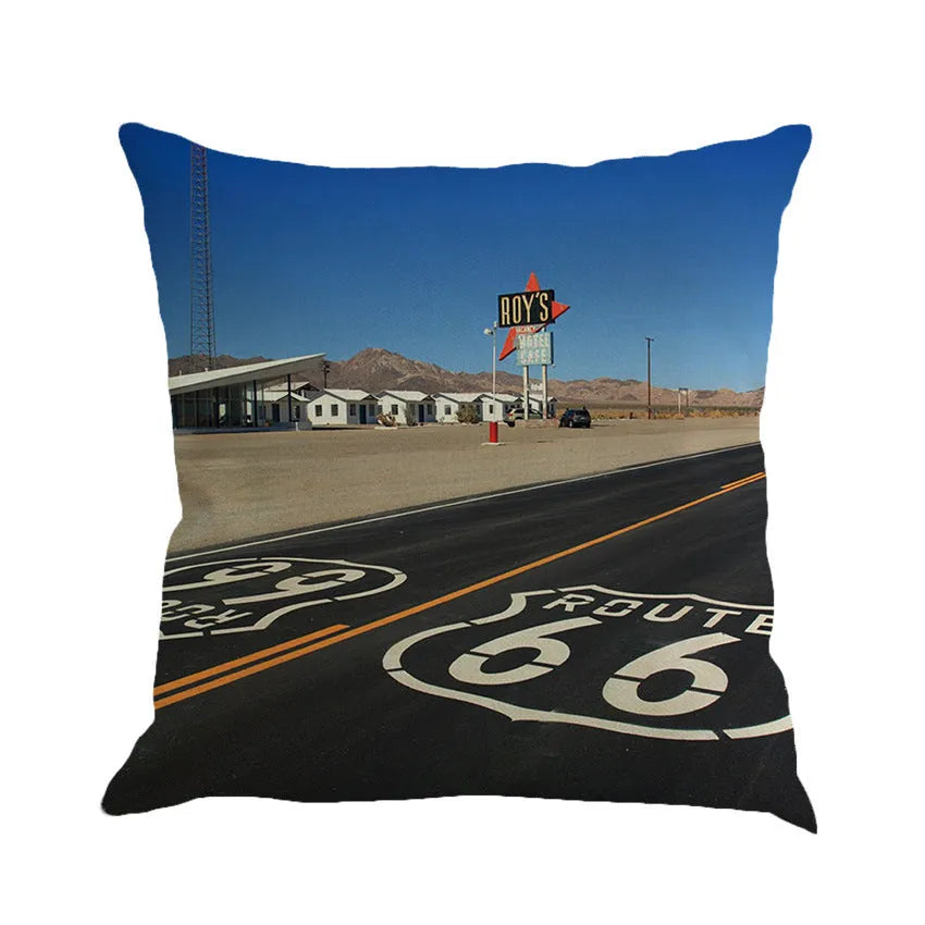 Linen blend cushion cover with Route 66 landscape design, shown in one of six available colours.