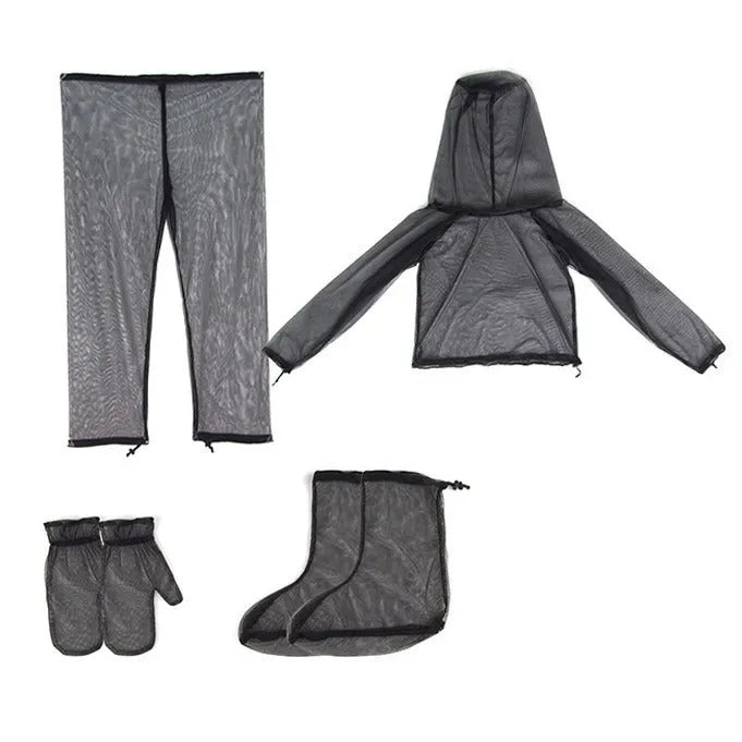 Four-piece mesh anti-mosquito suit set showing hooded top, pants, and booties for outdoor camping and fishing.