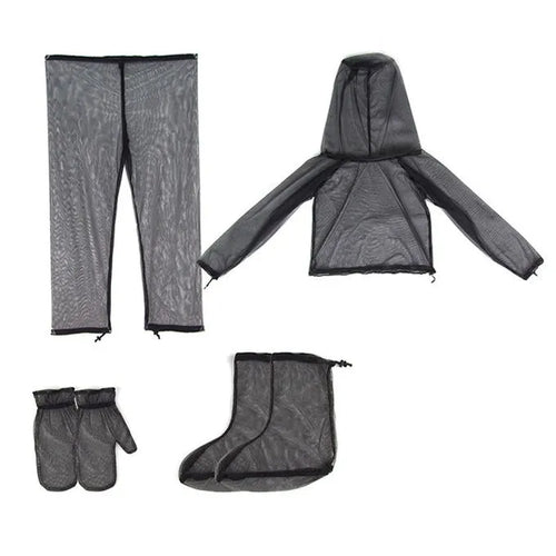 Four-piece mesh anti-mosquito suit set showing hooded top, pants, and booties for outdoor camping and fishing.