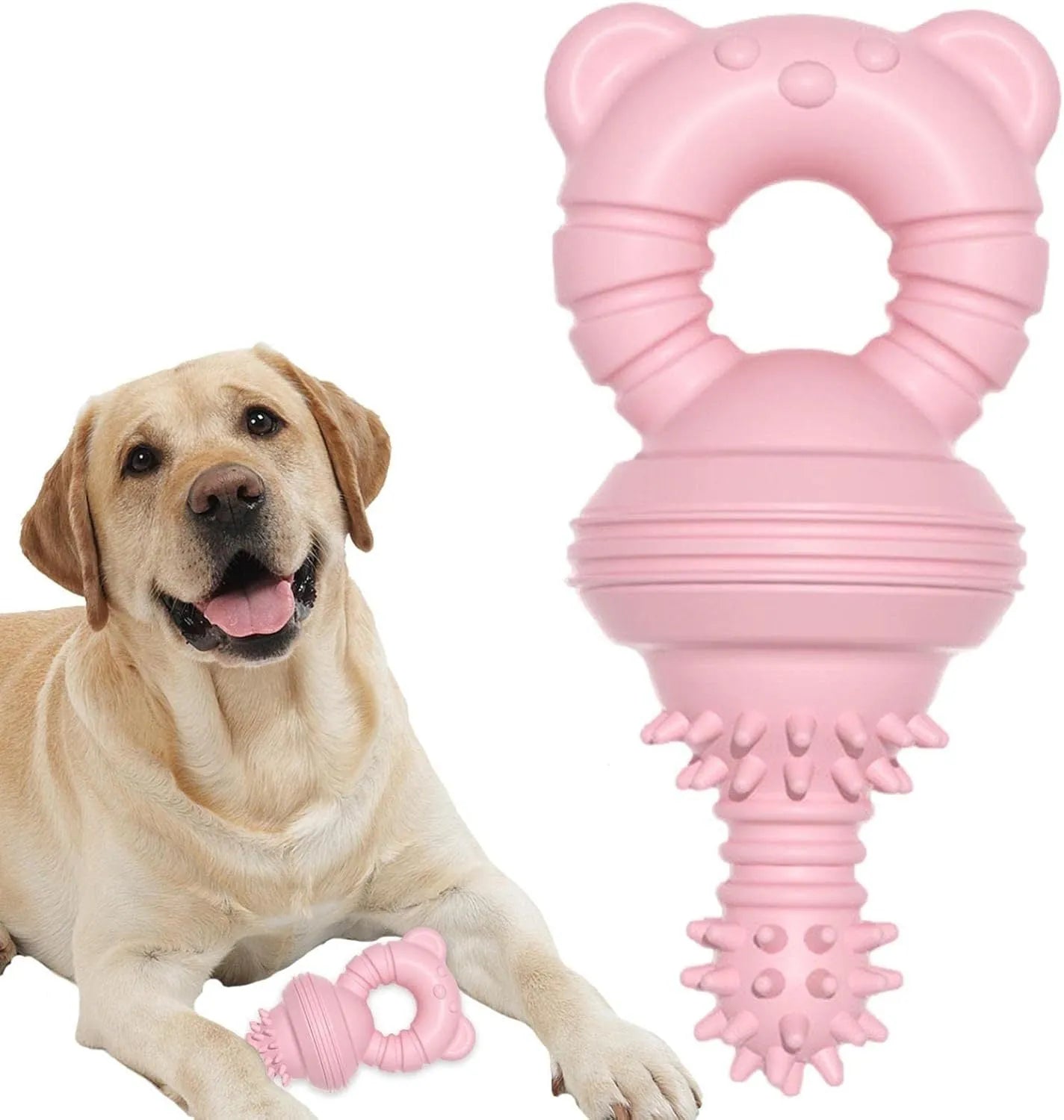 Blue rubber dog chew toy with bell and concave-convex molar design for teeth cleaning.