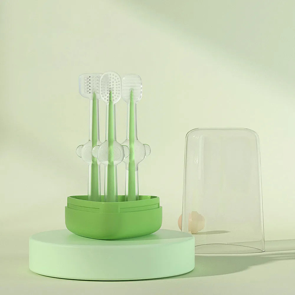 Pet toothbrush with flexible silicone brush head in blue, green, and purple colours for cat and dog dental care