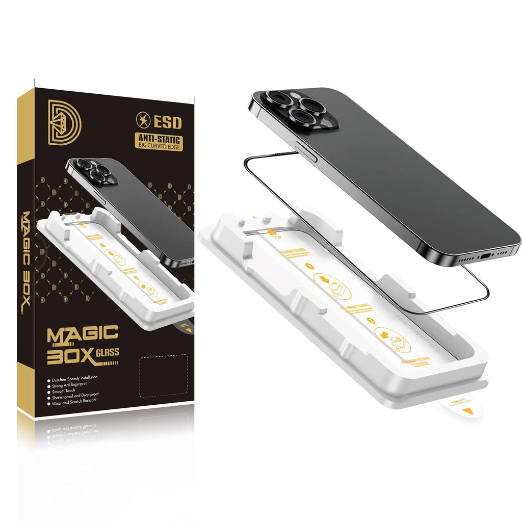 Black Magic Box tempered glass screen protector with dust-free chamber for iPhone models