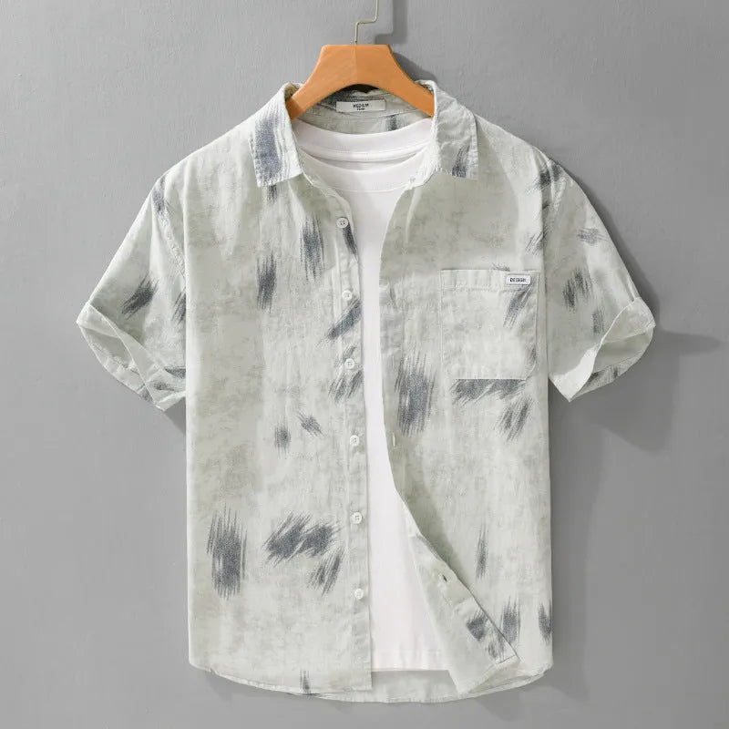 Light green men's loose-fit cotton cardigan with floral print and short sleeves