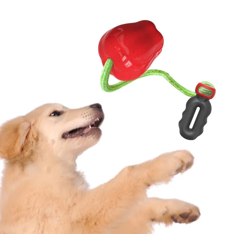 Green apple-shaped plastic dog chew toy with squeaker for teeth cleaning