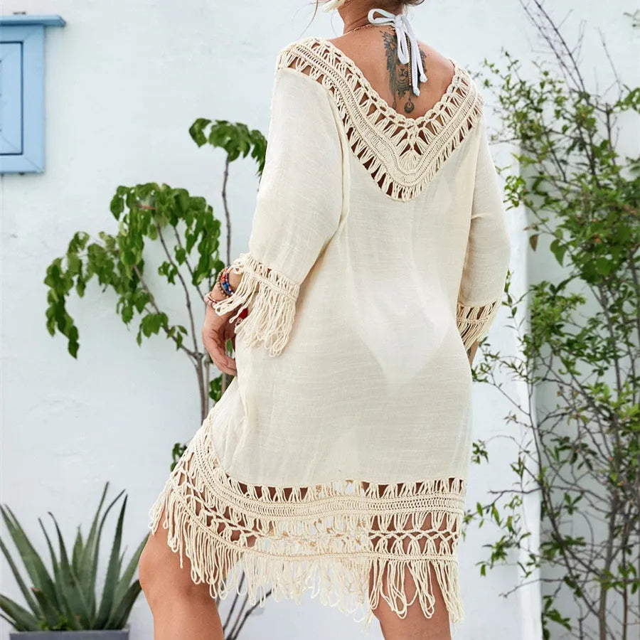 Apricot crocheted patchwork beach dress with half sleeves on hanger