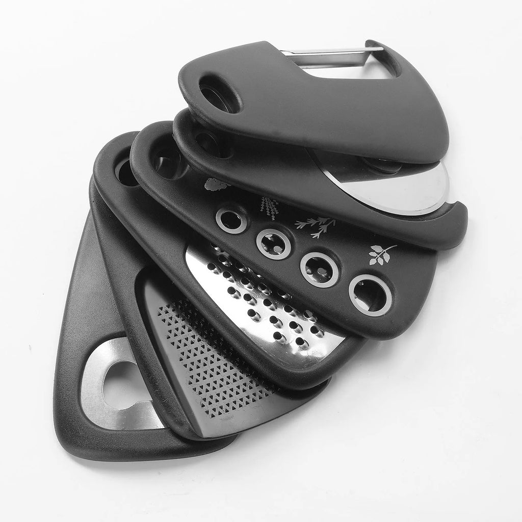 Stackable set of six kitchen utensils with PP handles and stainless steel heads, plus a cleaning brush, in a colour box