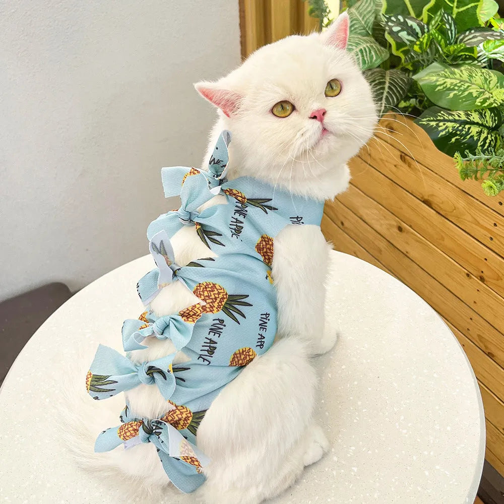Lace-up polyester cat sterilisation recovery clothing shown in blue on a mannequin.