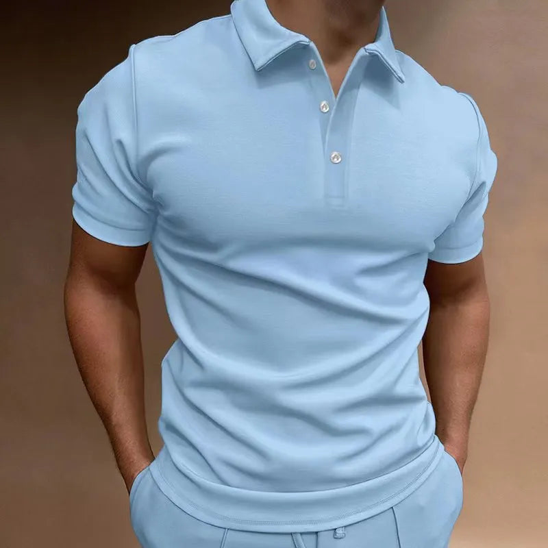 Men's loose fit button-front short sleeve T-shirt in cotton blend fabric