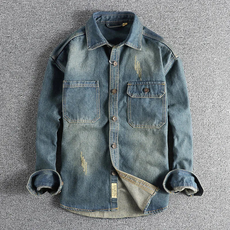 Men's washed vintage denim shirt in light blue loose fit cardigan style