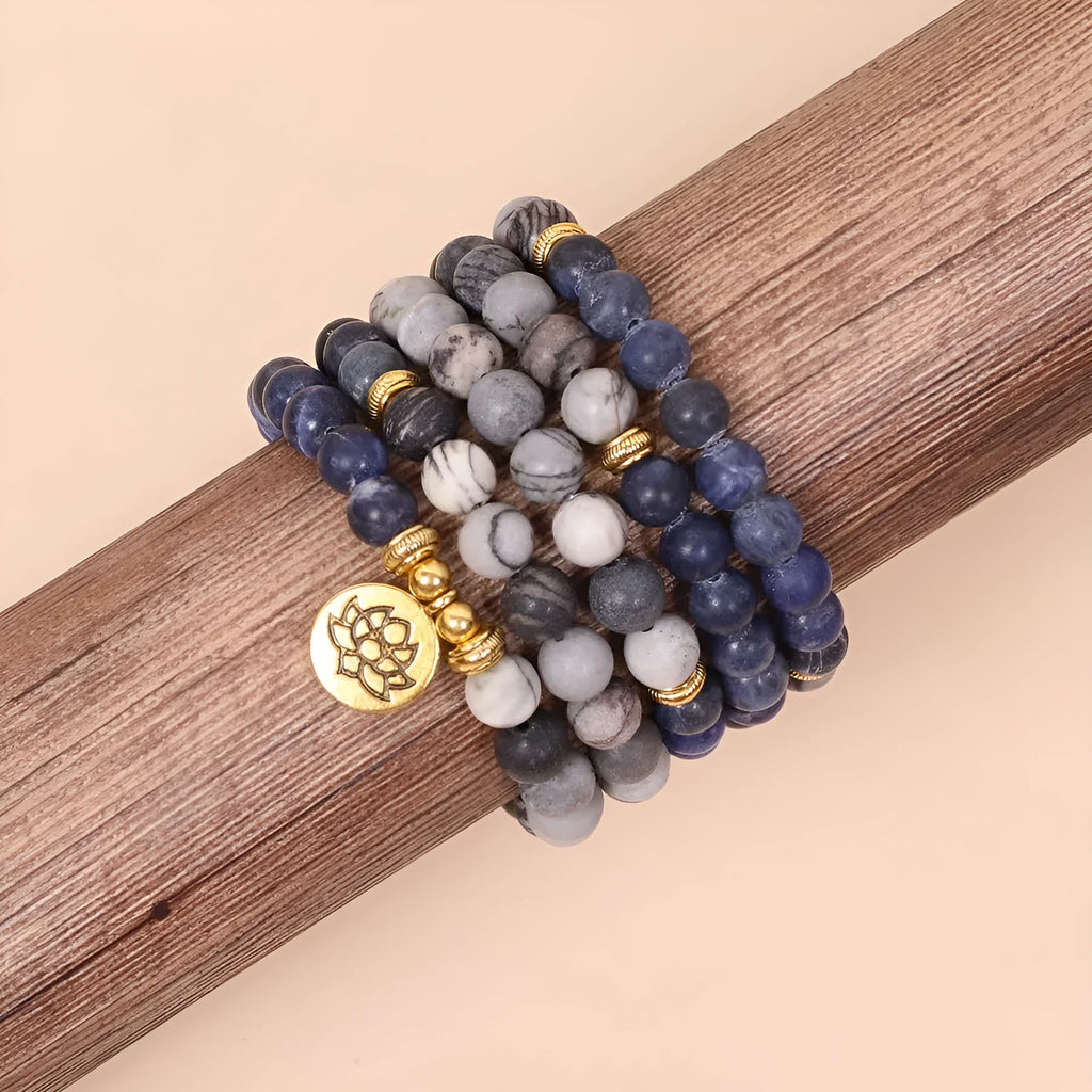 Blue patterned network stone bead multi-layer bracelet with alloy metal details