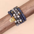 Blue patterned network stone bead multi-layer bracelet with alloy metal details