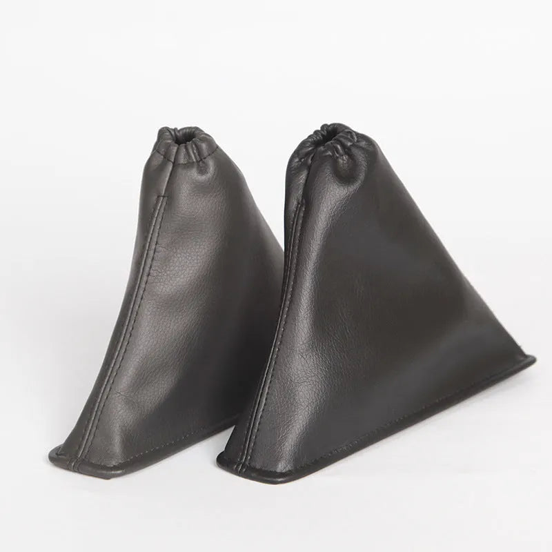 Black leather car shift lever dust cover shown with dimensions 15.2cm by 12.9cm