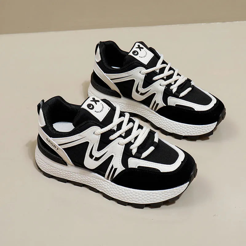 Women's black sports casual shoes with platform flat heel and lace-up front