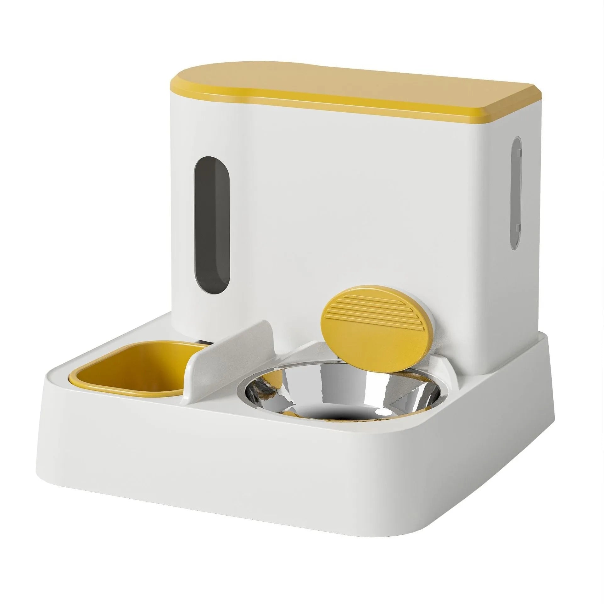Grey automatic cat feeder and water dispenser unit with integrated double bowls